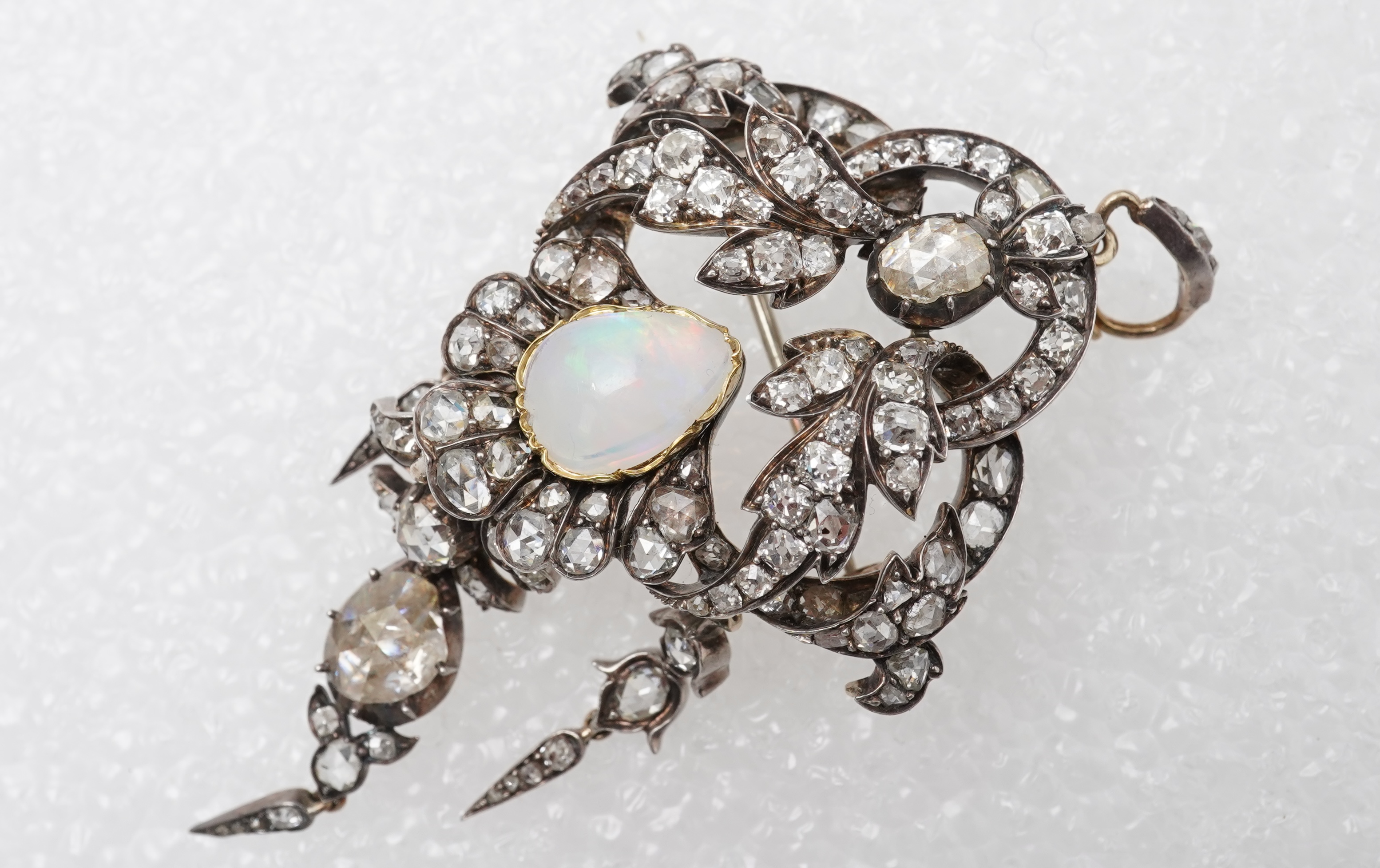 A Victorian opal and diamond brooch/pendant, mid-19th century